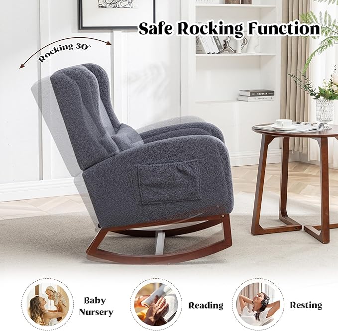 Rocking Chair Nursery,Teddy Nursery Rocking Chairs with Foot Rest, Sherpa Glider Rocker Nursing Chair with High Back for Nursing, Living Room, Bedroom, Dark Grey