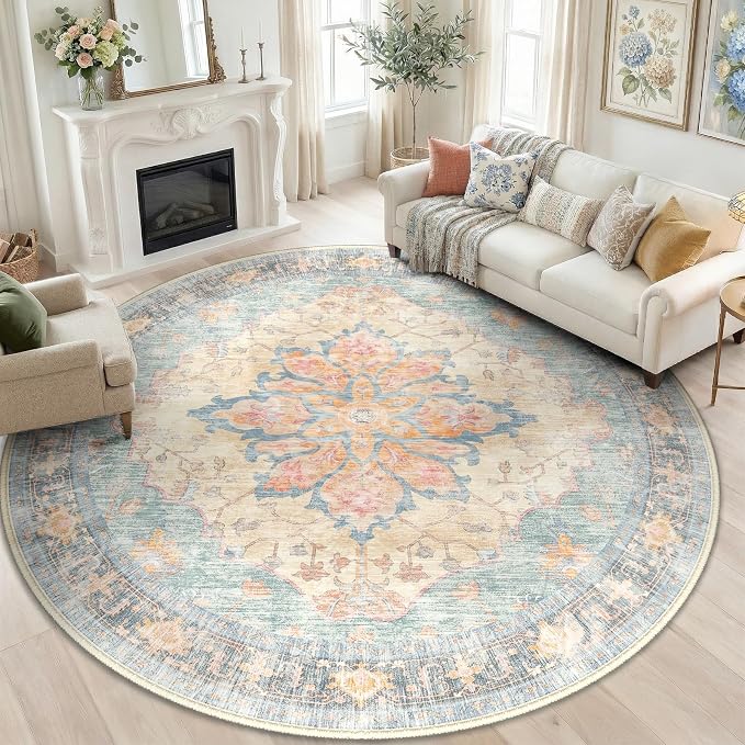 RELEANY Area Rugs Round 6ft Washable Non-Slip, Floral Vintage Distress Print by RELEANY