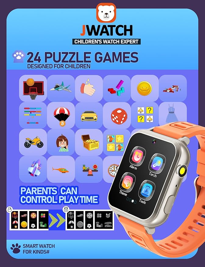 Kids Smart Watch for Boys Girls 6-12 with Pedometer Audio Book Camera Music Player Present Birthday Christmas (Silver Frame Orange)…