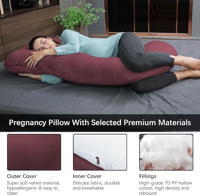 MOON PARK Pregnancy Pillows for Sleeping - U Shaped Full Body Maternity Pillow with Removable Cover - Support for Back, Legs, Belly, HIPS - 65 Inch - Burgundy