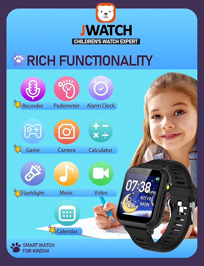 Kids Smart Watch for Boys Girls 6-12 with Pedometer Audio Book Camera Music Player Birthday (Black)…