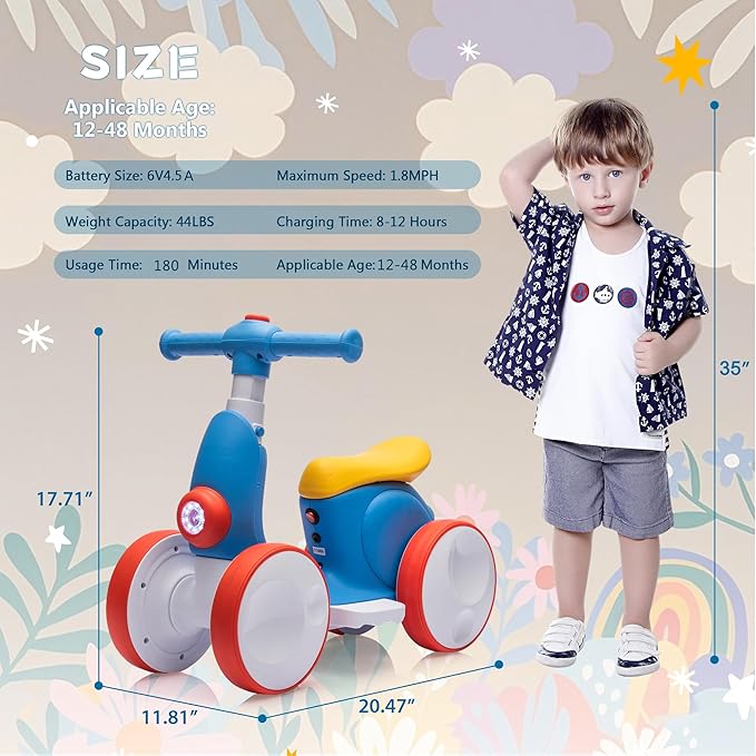 6V Electric Baby Balance Bike for 1 Year Old Boys Girls Ride on Toys 12-48 Months Toddler Balance Bike, 4 Wheels Kids First Bike with Remote Control First Birthday Gifts- Blue&Red