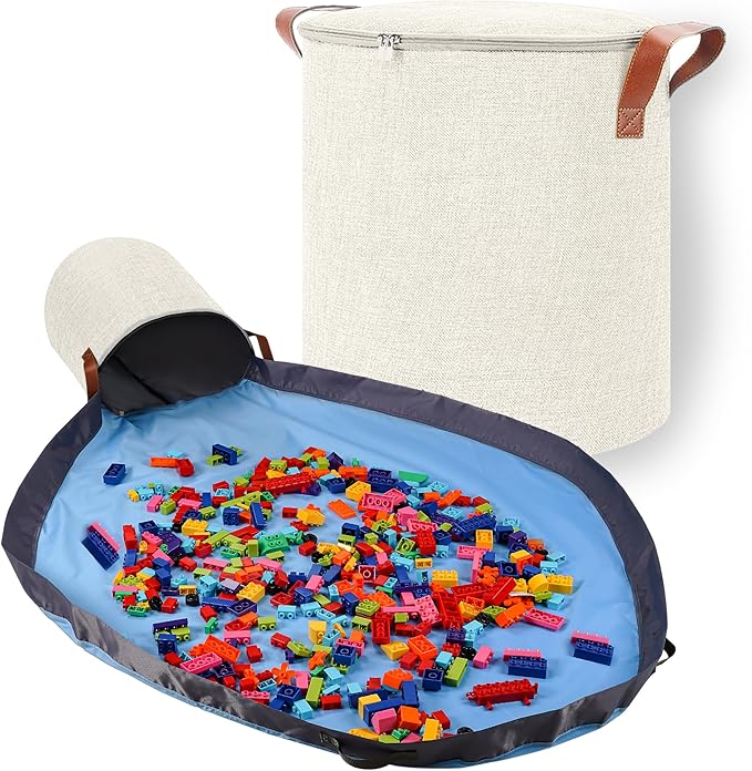 SAM AND MABEL XXL Toy Storage Organizer with Play Mat – 15" x 15" x 16" Storage Bin for Kids' Playroom, Foldable Nursery Fabric Basket (Ivory)