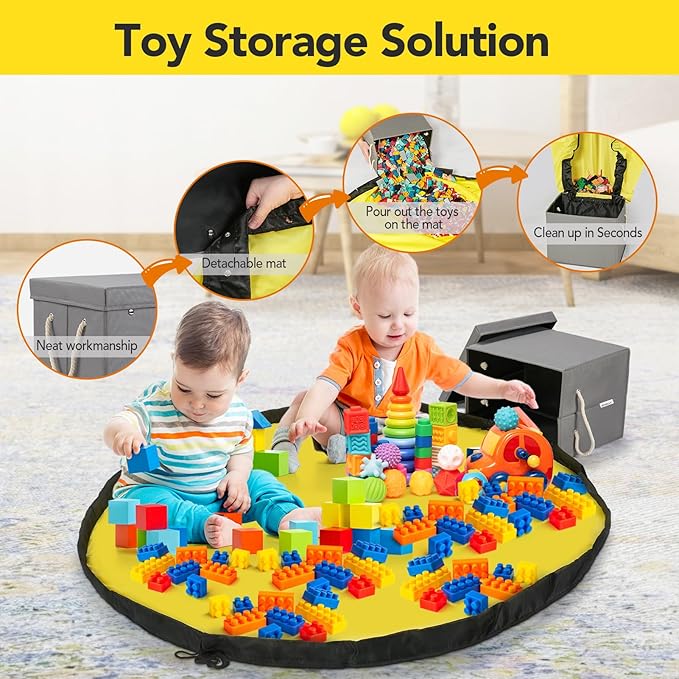 Kids Toy Box Chest Storage with Lid and Big Play Mat for Boys and Girls,Collapsible Fabric Toy Building Bricks Storage Container Organizer Bin with Rug for Playroom and Nursery Organization