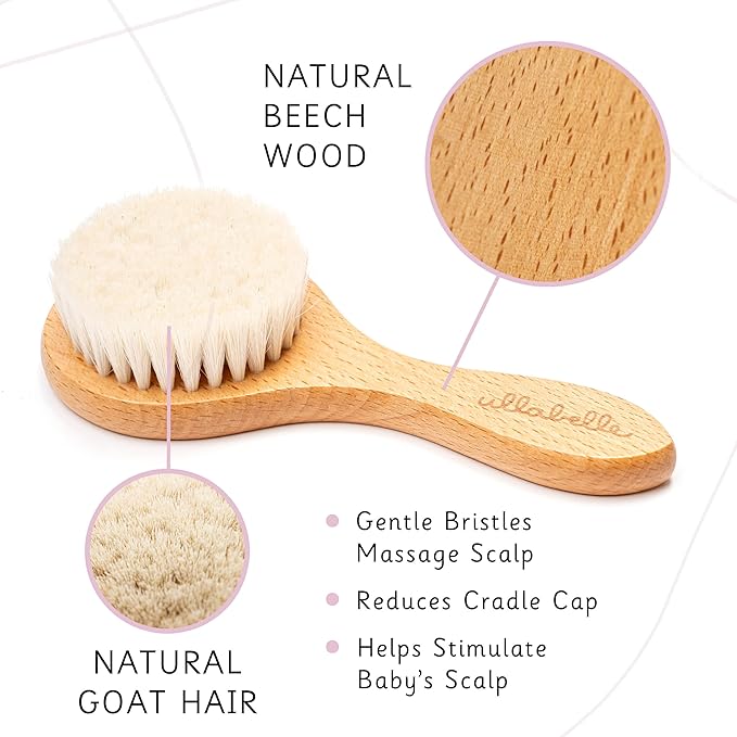 3 Piece Wooden Baby Hair Brush and Comb Set for Newborns & Toddlers in Chic Gift Box - Ultra Soft Natural Goat Hair and Wood Baby Brush Set Prevents Cradle Cap - Perfect Registry Gift (Sage)