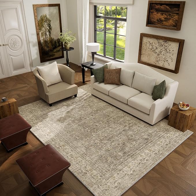 Machine Washable Rugs for Living Room: 5x7 Area Rugs for Bedroom Vintage Stain Resistant Non Slip Low Pile Lightweight Boho Carpet for Kitchen Dining Room Farmhouse Kids Room Nursery