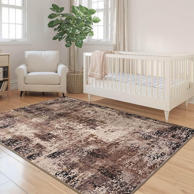 Living Room Rugs 5x7 Brown Washable Area Rug, Abstract Modern Bedroom Rugs Coffee Non Slip Stain Resistant Neutral Large Carpet for Nursery, Dining, Kids Playroom, Dining Room, Office