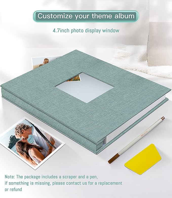 popotop Photo Album Self Adhesive with Picture Display Window,40 Pages DIY Scrapbooking Supplies Kit for 4x6 10x12 Picture,Linen Cover Memory Book for Baby Wedding, with Scraper and Metallic Pen