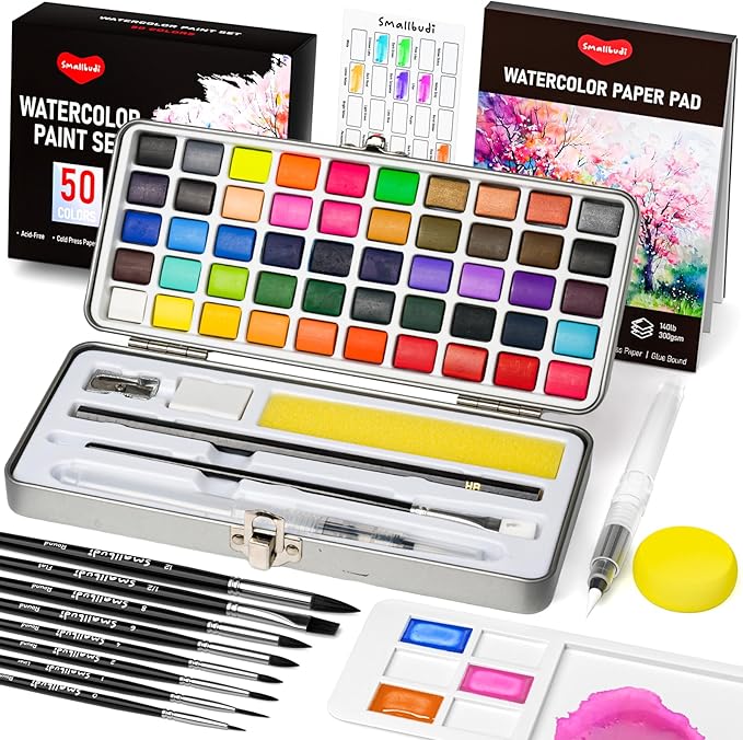 Watercolor Paint Set 50 Colors Including Metallic, Watercolor Kit with Case, Watercolor Paper, Paint Brushes, Palette and Accessories, Water Color Art Supplies Gift for Adults Kids Artists