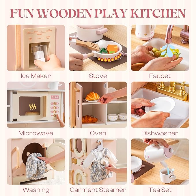 ROBOTIME Wooden Kids Play Kitchen – 4-in-1 Toddler Play Kitchen Set with Fridge, Washer & Dishwasher – Wooden Corner Cooking Playset for Boys & Girls Ages 3+
