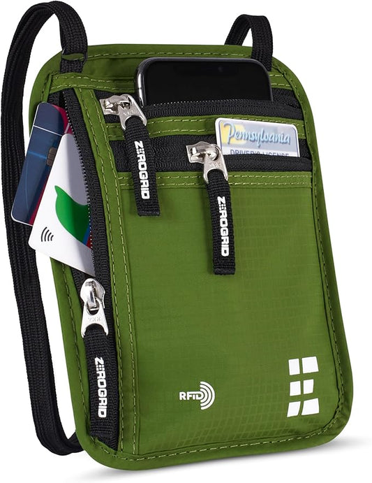 Neck Wallet for Travel & Passport Holder with RFID Blocking - Slim & Easy to Conceal Nylon Travel Pouch for men & women - Holds Phone, Cash, Cards, Keys - Sweat & Water Resistant - Large - Forest