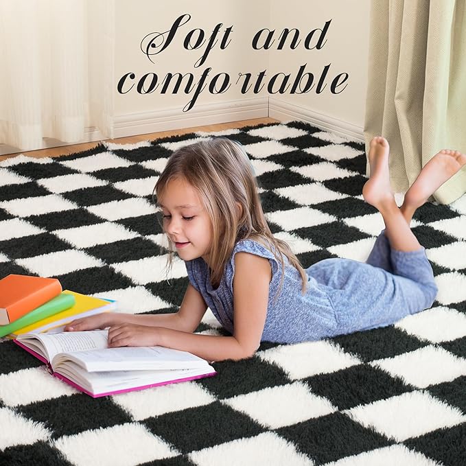 Super Soft Rug for Bedroom, 5x7 Ft Black and White Area Rug Classic Checkered Shaggy Anti-Skid High Pile Soft Fluffy Rug Fuzzy Carpet for Living Room Bedroom Kids Room Nursery, Dorm Home Decor
