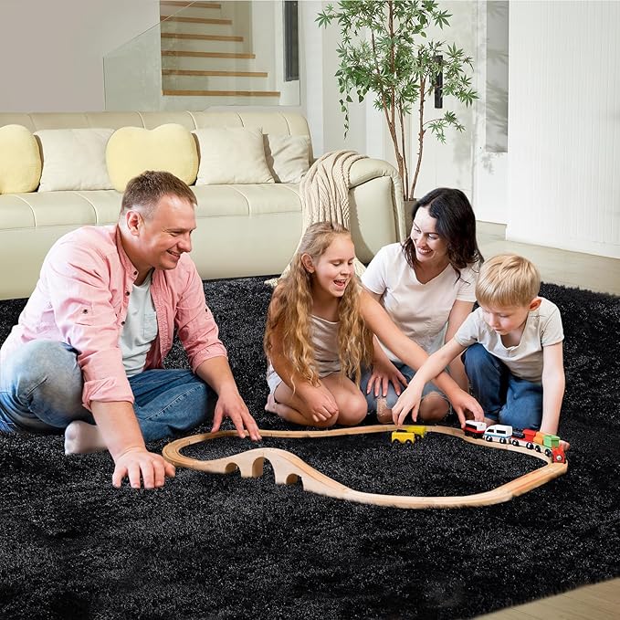 Ultra Soft Rug for Living Room, 3X5 Fluffy Shag Area Rug for Bedroom, Modern Shaggy Carpets Fuzzy Rug for Teens Dorm Nursery Home Decor Aesthetic, Upgrade Anti-Skid Durable, Black