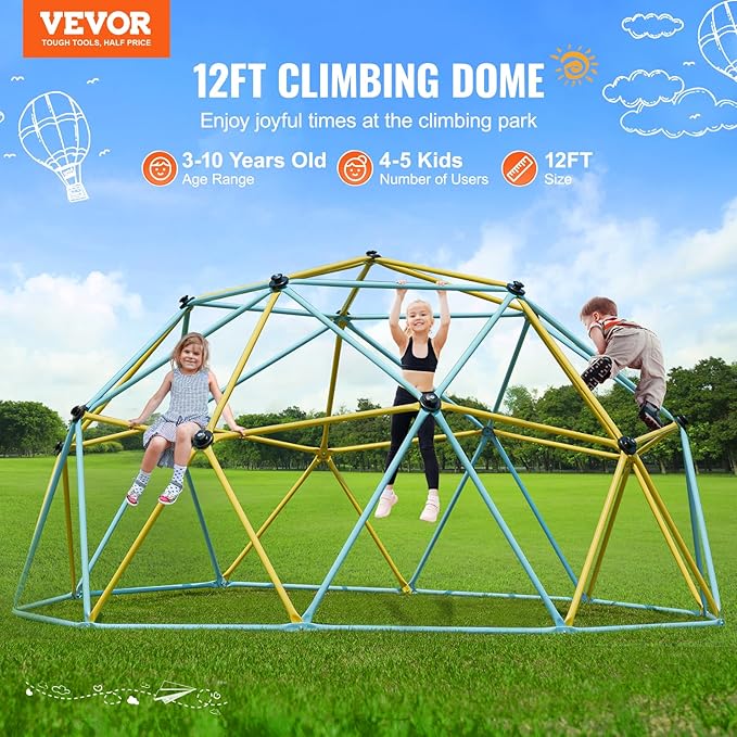 VEVOR Climbing Dome, 12FT Geometric Dome Climber Play Center for Kids 3 to 10 Years Old, Jungle Gym Supports 750LBS and Easy Assembly, with Climbing Grip, Outdoor Backyard Play Equipment for Kids