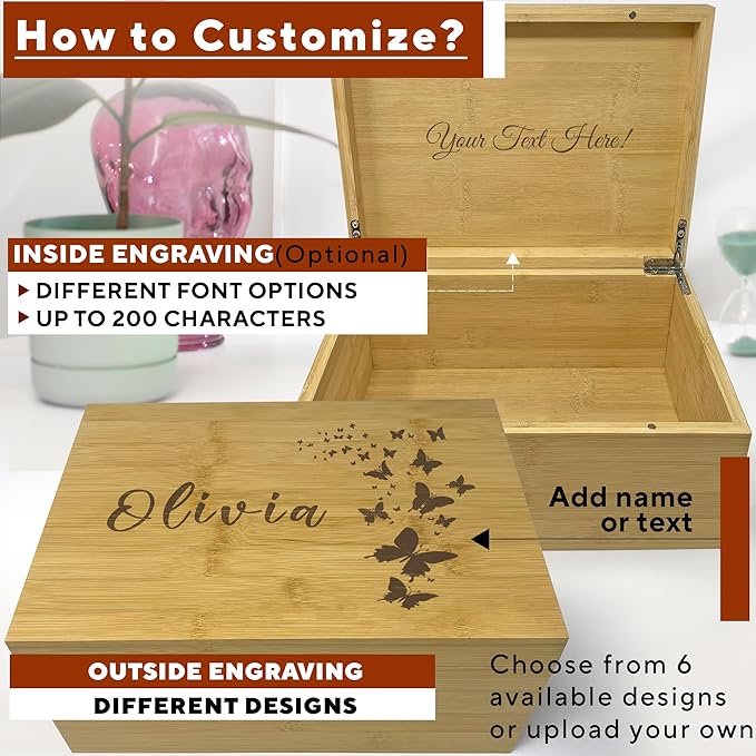 Floral Keepsake Boxes for Women - Butterfly Box Keepsake for Girls, Personalized Gifts for Teen Girls or Daughters, Flower Gift Box, Engraved Name Custom Wood Chest Memento Storage, 11x8x4,75 in