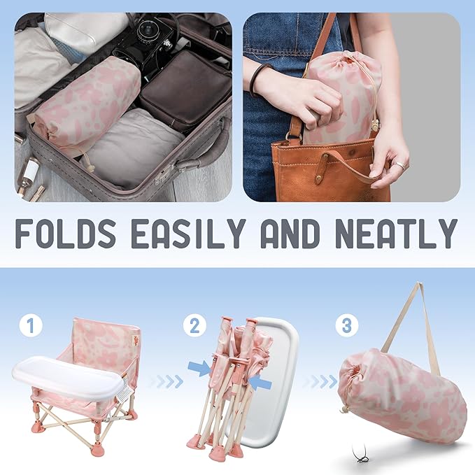 Tiny Marvels Portable 3-in-1 Baby Booster Seat, Cozy Floor Seat, Feeding Seat with Tray, Compact Foldable Toddler Booster with Child Safety Belt Carry Bag, Perfect for Travel (Blush Bloom)