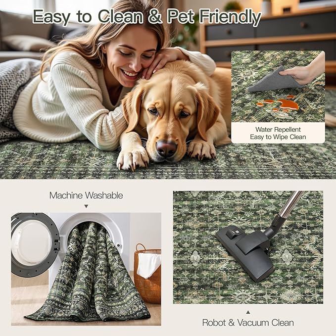 Lofus 5x7 Area Rug for Living Room,Green Washable Area Rugs with Non-Slip Backing,Soft Boho Carpets for Bedroom Dining Room Home Office Indoor Nursery