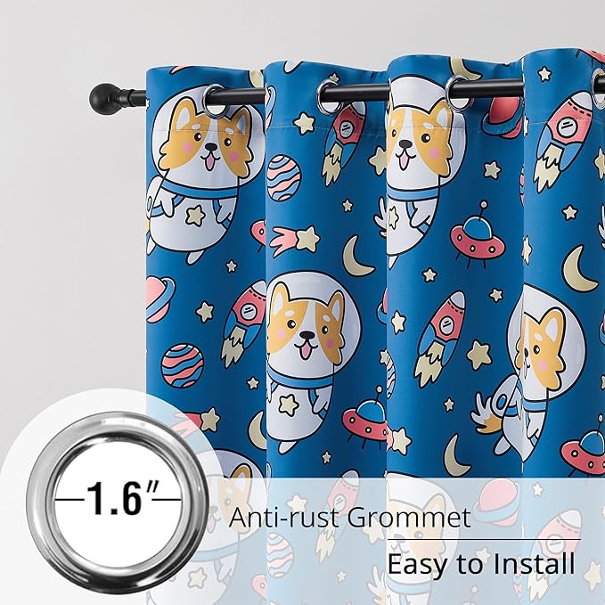 Kids Blackout Curtains - Space Dog Design, 100% Blackout, 2 Panels, Each W52×63, Thermal Insulated, Noise Reducing & Energy Efficient for Kids Bedroom, Turn your child’s room into a fun adventure