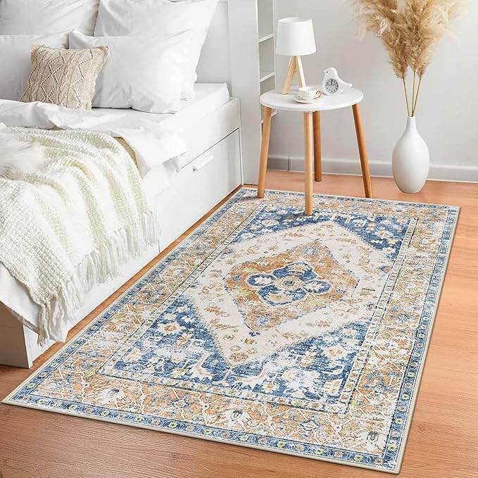 Lahome Boho Washable Living Room Rug 3x5 Throw Non-Slip Area Rug for Bedroom Lightweight Thin Rugs for Entryway Kitchen Vintage Distressed Print Aesthetic Capet for Office Bathroom Laundry Room