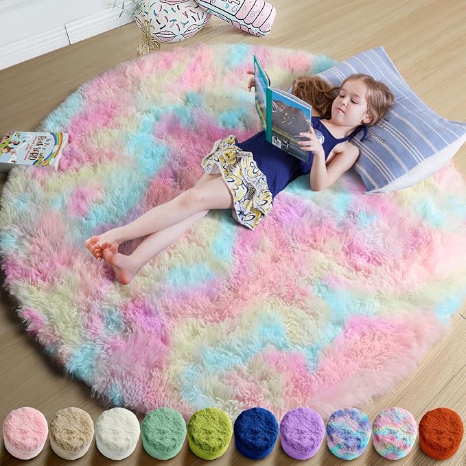 Amdrebio Rainbow Fluffy Round Rug 5Ft Kids Rugs by Amdrebio