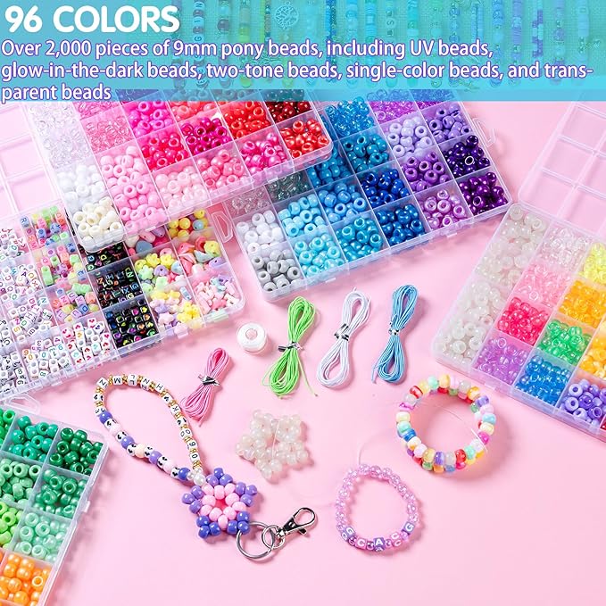 5 Boxes Bracelet Making Kit Pony Beads, 6x9mm Kandi Rave Beads & Hair Beads Set with UV Color Changing, Glow-in-Dark, Chrome & Alphabet Letters for Friendship Jewelry DIY Crafts