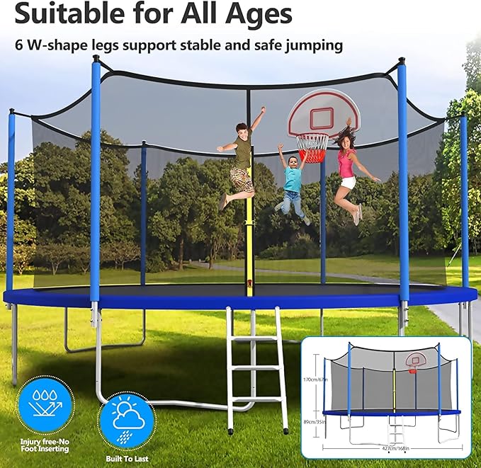 Upgraded 16FT 15FT 14FT 12FT 10FT 8FT Trampoline Outdoor with Basketball Hoop and Net, Capacity for 4-6 Kids and Adults