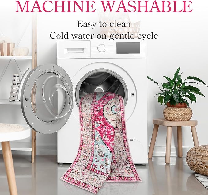 Lahome Boho Round Rug - 4Ft Washable Area Rug, Non-Slip Small Bathroom Rug, Lightweight Bedroom Throw, Oriental Distressed Print Carpet for Entryway, Sofa, Nursery, Kids Room