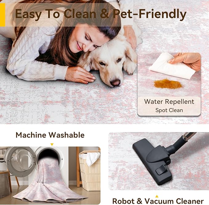 Washable Area Rugs 2'x6' Non-Slip Modern Abstract Soft for Living Room Entryway Bedroom Nursery, Print Pattern, Grey Pink