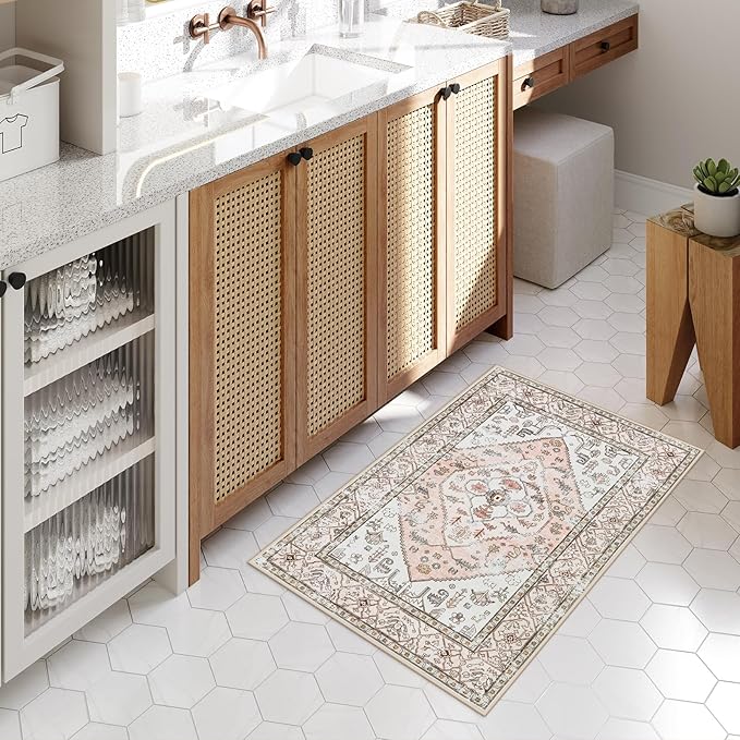 Lahome Boho Entryway Rugs Indoor - 2x3 Washable Area Rug Throw Small Rugs for Bedroom Girls Non-Slip Lightweight Bathroom, Vintage Print Floor Doormat Carpet for Kitchen Laundry Room (Pink, 2'x3')