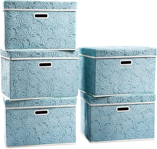 PRANDOM Large Collapsible Storage Boxes with Lids [5-Pack] Fabric Decorative Storage Bins Cubes Organizer Containers Baskets with Cover Handles for Bedroom Closet Nursery Blue 17.5x11.8x11.8 Inch