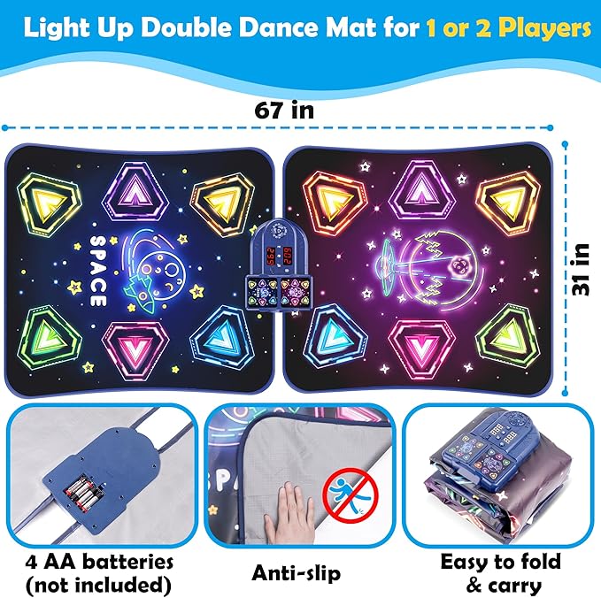 Large Double Electronic Dance Mats, Dance Pad with LED Light & Wireless Bluetooth, Music Dance Toy with 6 Game Modes, Challenge Game for Single & Double Players, Dance Mat Toy for 3-12 Year Old Girls