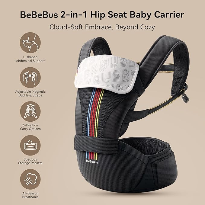 Baby Carrier with Hip Seat, BeBeBus 2-in-1 Ergonomic Newborn to Toddler Carrier up to 44 lbs, Detachable Hands-Free for Infant, All Season Forward-Facing Carry, Fits Waist Sizes up to 38 inch (Black)