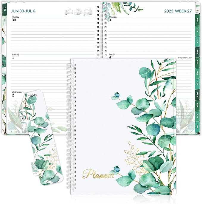 SUNEE Academic Planner 2025-2026 Weekly and Monthly, July 2025-June 2026, 8.5"x11", Tabs, Note Pages, Pockets, Bookmark, Flexible Cover, Spiral Binding, Leaves