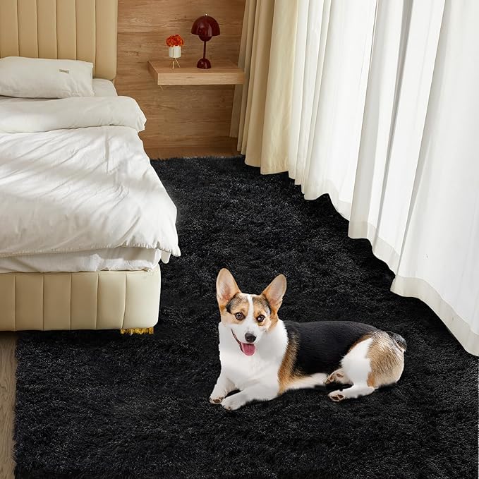 Ultra Soft Rug for Living Room, 3X5 Fluffy Shag Area Rug for Bedroom, Modern Shaggy Carpets Fuzzy Rug for Teens Dorm Nursery Home Decor Aesthetic, Upgrade Anti-Skid Durable, Black