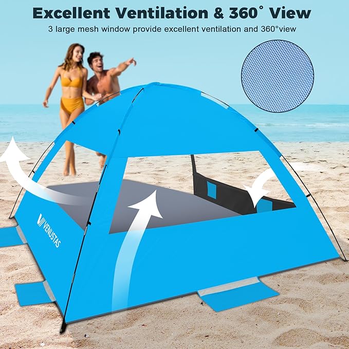 Venustas Beach Tent Sun Shelter for 3/4-5/6-7/8-10 Person, UPF 50+ UV Protection Beach Canopy, Lightweight and Easy Setup Cabana, Portable Shade Tent