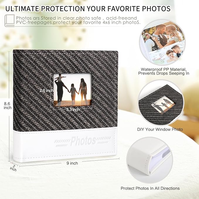 RECUTMS Photo Album 4x6 200 Photos with Writing Space, Photo Album with Memo, Leather Cover with Front Window, 200 Photos 4x6 Picture Album Book for Wedding Family Baby Travel Graduation (Black)