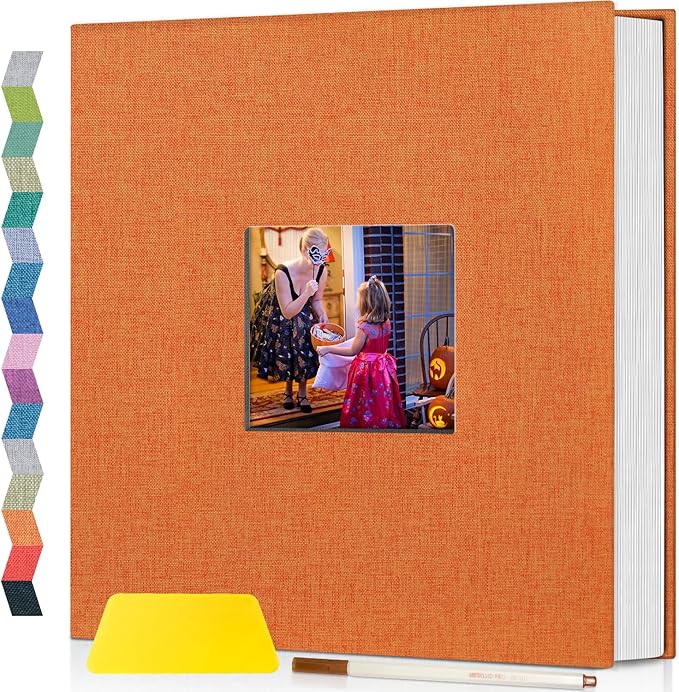 popotop Photo Album Self Adhesive with Picture Display Window,60 Pages DIY Scrapbooking Supplies Kit for 4x6 8x10 Picture,Linen Cover Memory Book for Baby Wedding, with Scraper and Metallic Pen