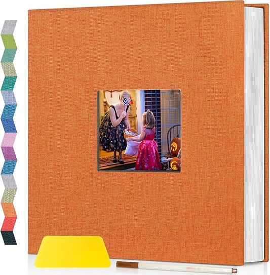 popotop Photo Album Self Adhesive with Picture Display Window,60 Pages DIY Scrapbooking Supplies Kit for 4x6 8x10 Picture,Linen Cover Memory Book for Baby Wedding, with Scraper and Metallic Pen