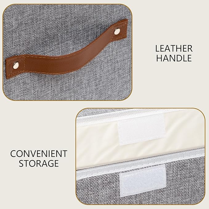 Yawinhe Storage Bins with Lids, Closet Baskets, Washable and Leather Handle, Collapsible Boxes for Home, Grey, 17.7''Lx11.8''Wx11.8''H, 3-Pack, USNK024GX-3