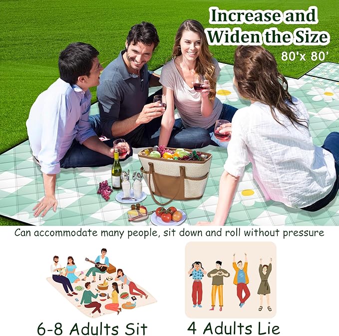 Extra Large Picnic Blanket Waterproof,80"x 80"Foldable Machine Washable Beach Blanket,Outdoor Blanket for 6-8 Adults,Suitable for Indoor Crawling,Park Beach,Camping,Hiking,Family Travel(Light green)