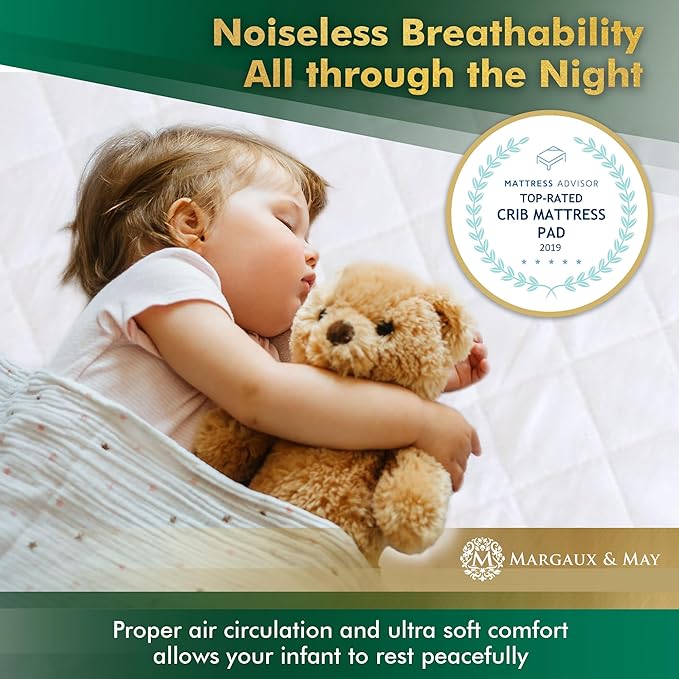 Crib Mattress Protector Pad 2 Pack - Ultra-Soft Waterproof Breathable Premium Bamboo Rayon - Noiseless Fitted Dryer Safe Cover for Crib. High Absorbency Oeko-TEX Certified MARGAUX & MAY