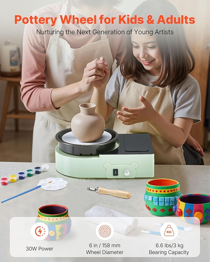 VEVOR Mini Pottery Wheel For Kids and Beginners, 6” Turntable, Two-way Rotation, Adjustable Speed, Complete Pottery Set with Clay Art Supplies Sculpting Tools, Craft Gifts for Kids Teens Adults, Green