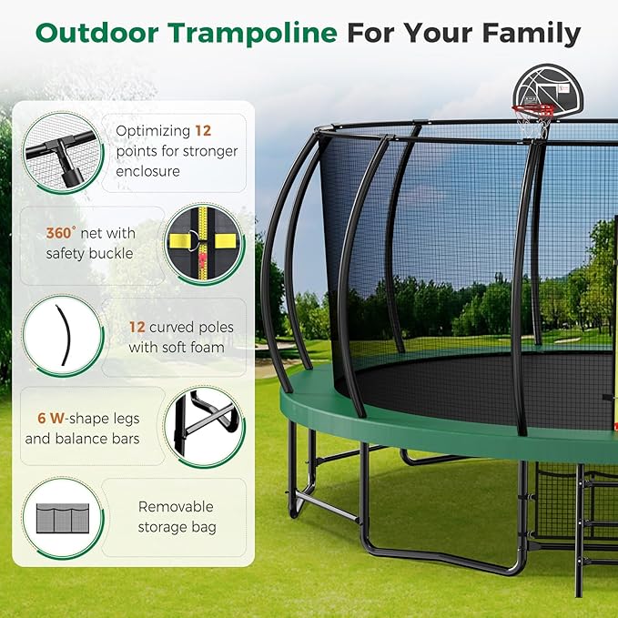 Tatub Large Trampolines Outdoor 10 12 14 15 16FT for Kids and Adults,Outdoor Recreational Pumpkin Trampolines with Curved Poles and Safety Enclosure Net, Basketball Hoop, Ladder