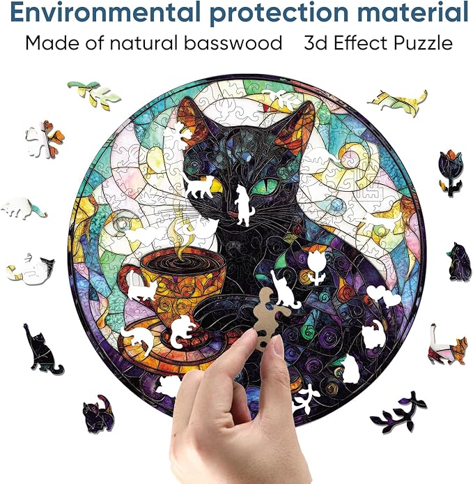 Reouinty Wooden Puzzle for Adults, Black Cat Wooden Jigsaw Puzzles(11.2 * 11.2in-200pcs), Unique Animal Shape Wood Cut Puzzles Best Gift for Adults and Kids Family Game