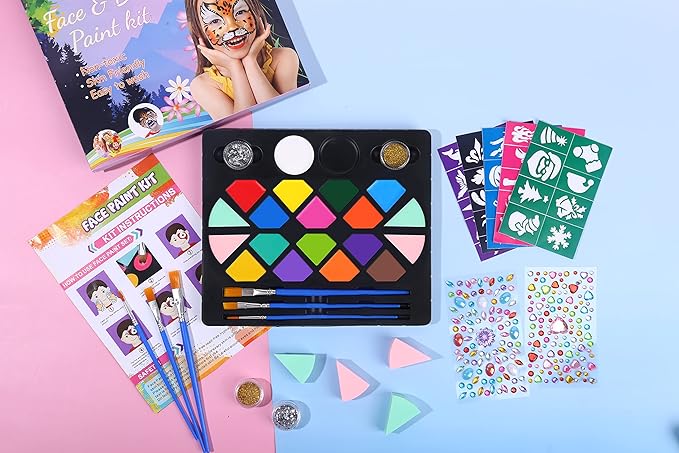 BOBISUKA Face Painting Kit for Kids - 16 Colors Water Based Body Face Paint Includes Brushes,Sponges,Glitters,Gem Sheet,Instructions,Stencils for Halloween Party Costume SFX Makeup