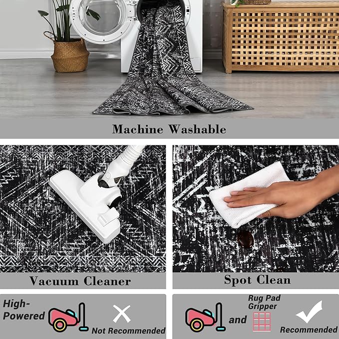 COZYLOOM Black Rug for Living Room 8x10 Washable Area Rugs Modern Abstract Floor Cover Non Slip Stain Resistant Geometric Mats Soft Throw Carpet for Nursery Bedroom Dining Room