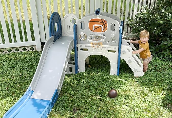 XJD 8 in 1 Toddler Slide Set, Kids Slide for Toddlers Age 1+, Toddler Climber Slide PlaySet with Basketball Hoop and Ball,Outdoor Indoor Playground for Toddlers 1-3 (Blue Gley, 8 in 1)