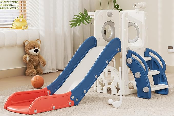 67i Toddler Slide for Kids - Foldable Indoor/Outdoor Plastic Slide with Basketball Hoop, Anti-Slip Steps, Safe & Durable Playground Equipment for 1-3 Years (Red Blue)