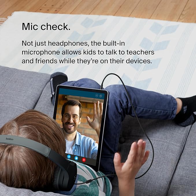 Belkin SoundForm Mini Kids Wired Headphones with Built-in Microphone & Fun Stickers, 85dB Safe Volume Limit – for Online Learning, Travel, Compatible w/iPhone 15, iPad, Galaxy S23, & More - Blue