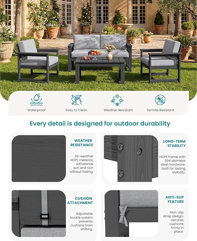 SERWALL 4 Pieces HDPE Outdoor Sofa Set - Image 4